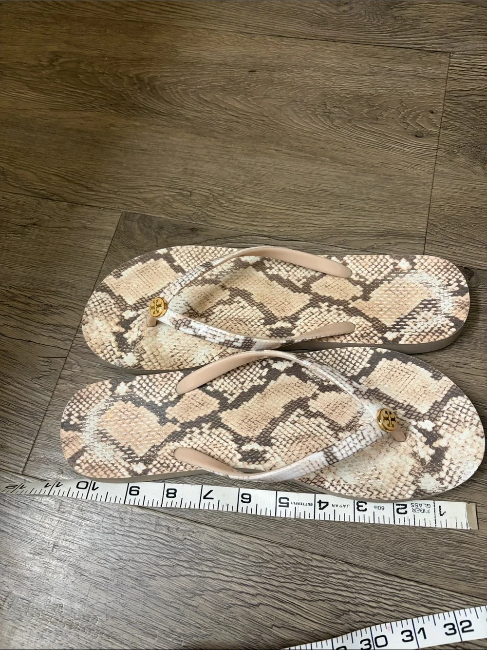 Tory Burch Neutral Snake-Print Logo Flip Flop Sandals